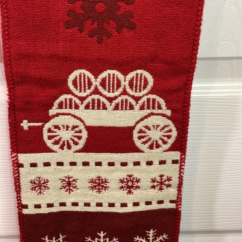 Maker’s Mark red / ivory holiday scarf with snowflakes trees & fringe trim